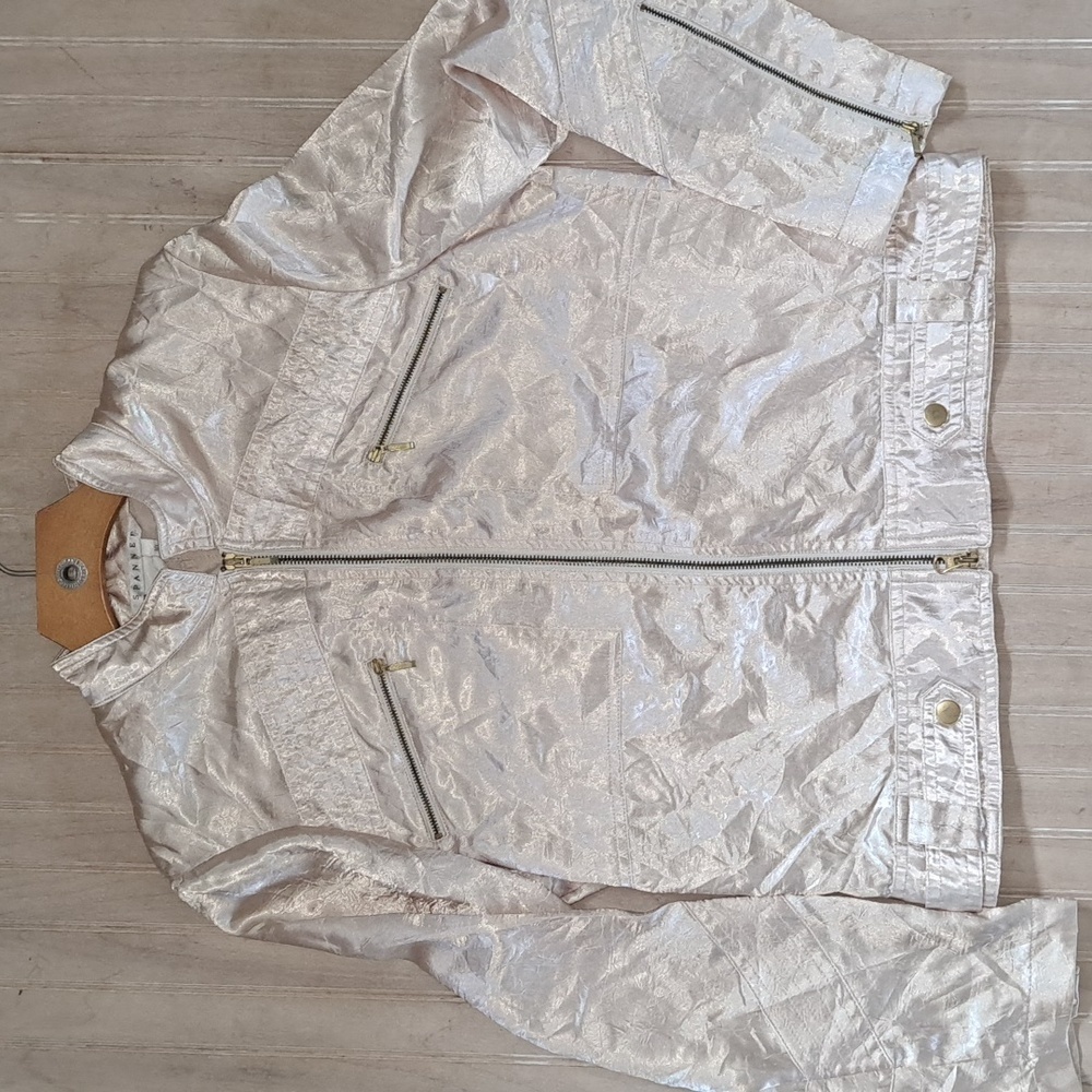 Spanner Stylish Cream Lightweight Sheen Zip Up Bomber Jacket with Pockets Shiny - Picture 7 of 11